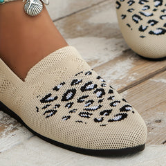 Leopard Print Flat Shoes Breathable Knit Slip On Lightweight Round Toe Shoes