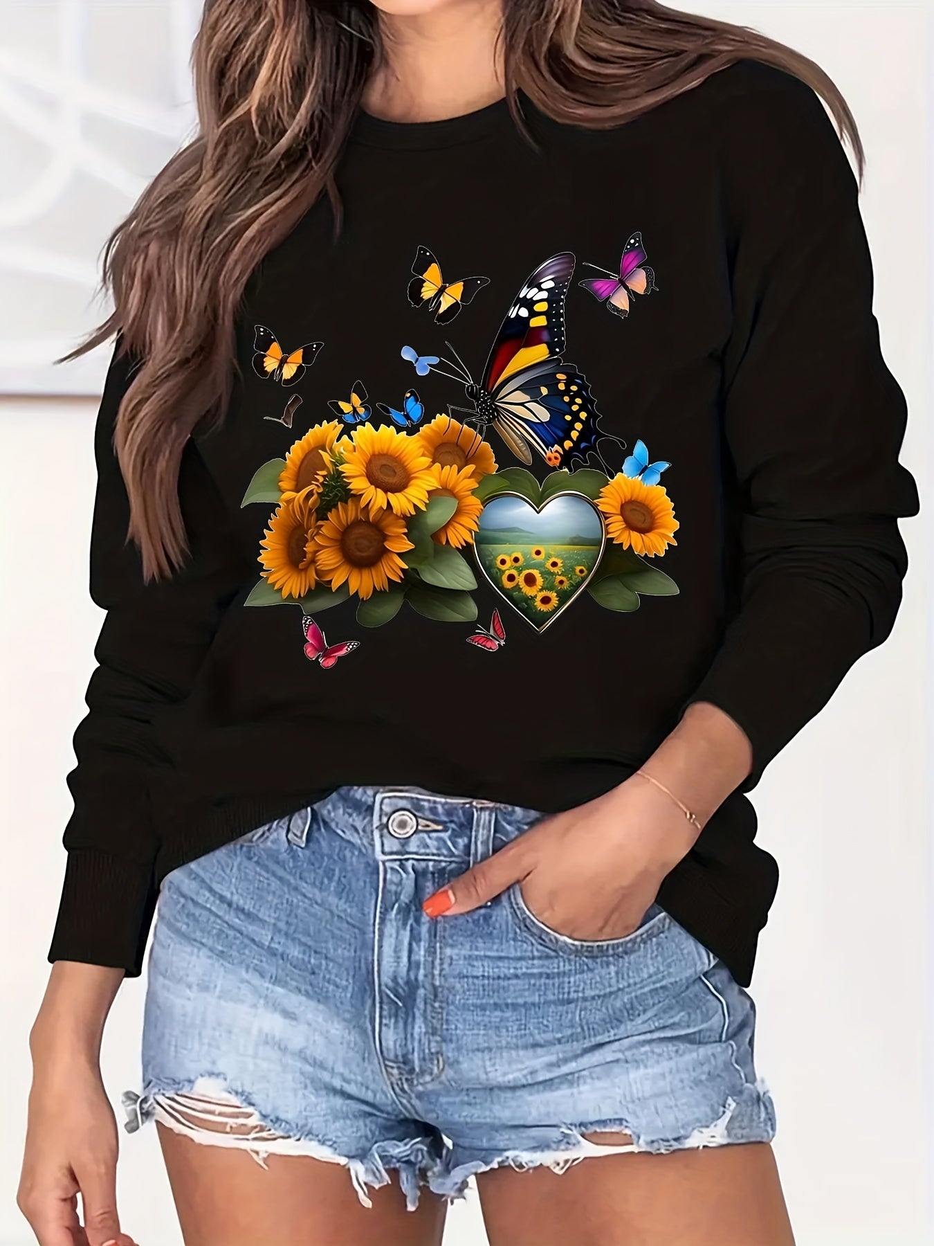 Butterfly & Sunflower Print Crew Neck Sweatshirt