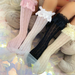 Girls Lace Trim Mesh Crew Socks for Kids Toddlers