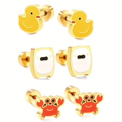Cute Mini Crab Yellow Duck Pig Stud Earrings Set for Kids