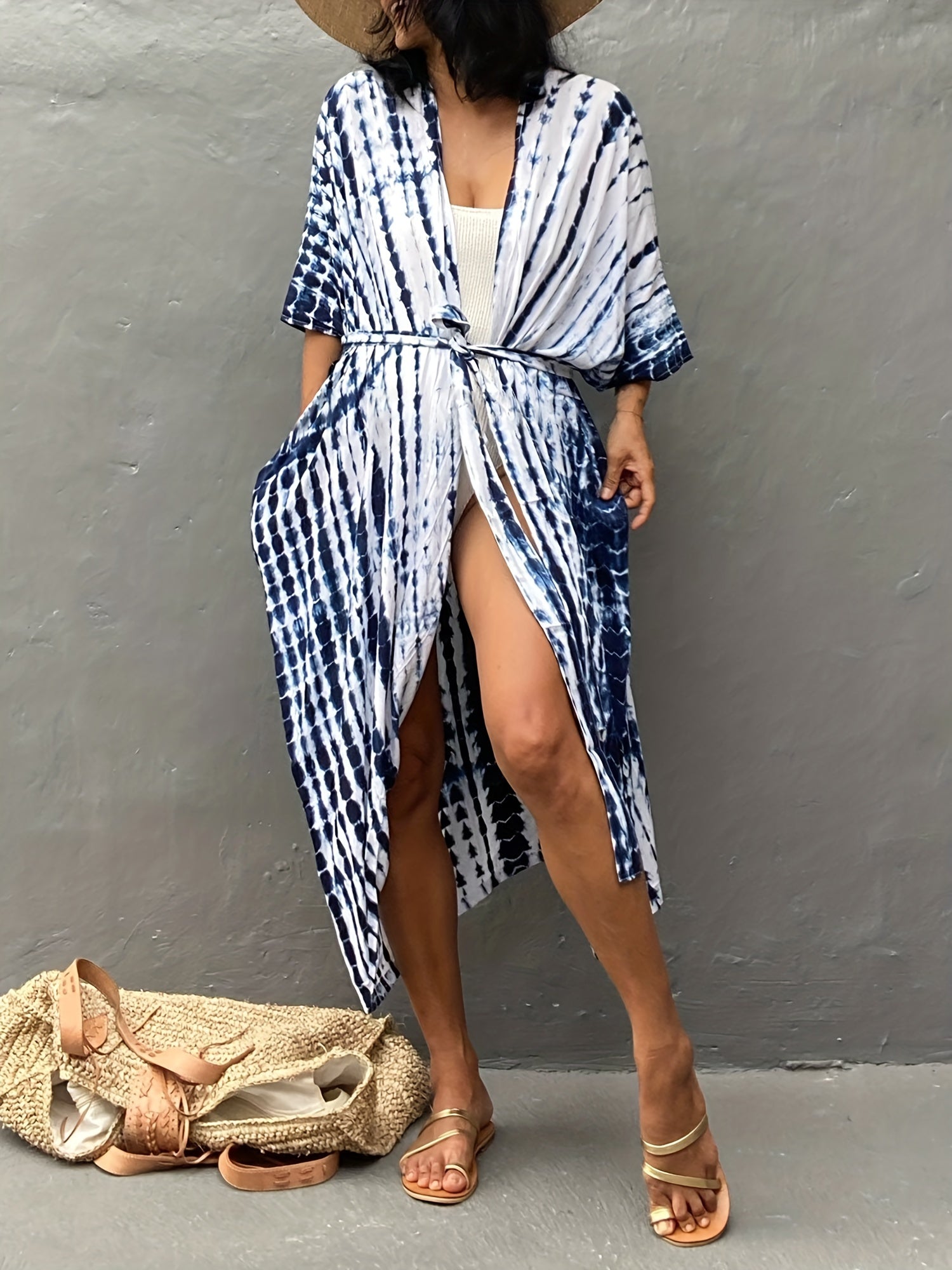 Boho Kimono Tie Dye Striped Bat Sleeve Open Front Kimono Cover Up