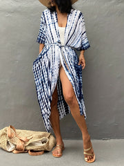 Boho Kimono Tie Dye Striped Bat Sleeve Open Front Kimono Cover Up