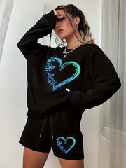 Heart & Butterfly Print Sweatshirt & Shorts 2 Piece Set