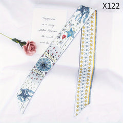 Flower Print Skinny Scarf Long Ribbon Neckerchief Silk Twilly Scarf