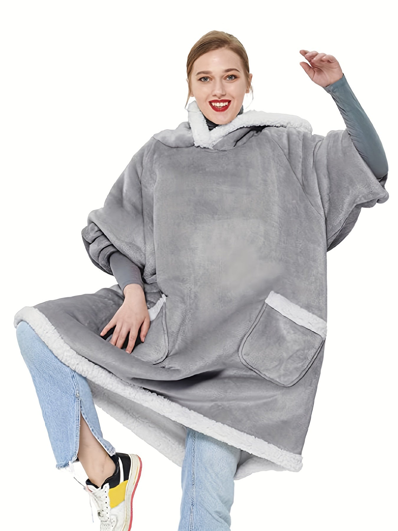 Fleece Blanket Hoodie Lounge Robe Women's Solid Casual Sherpa Wearable