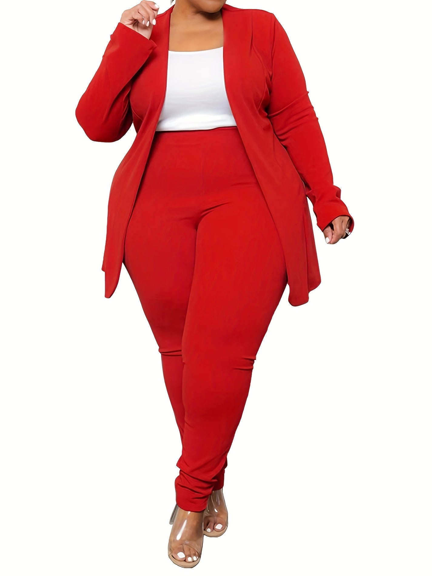 Women's Plus Solid Long Sleeve Open Front Top & Leggings Two Piece Set