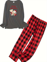 Christmas Lounge Set Bear Print Long Sleeve Tee & Plaid Pants