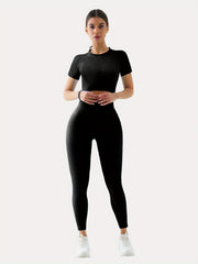 Solid Workout Set Crop Top and High Waisted Leggings Women's Activewear