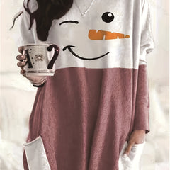 Women's Plus Snowman Print Long Sleeve Tunic Top With Pockets
