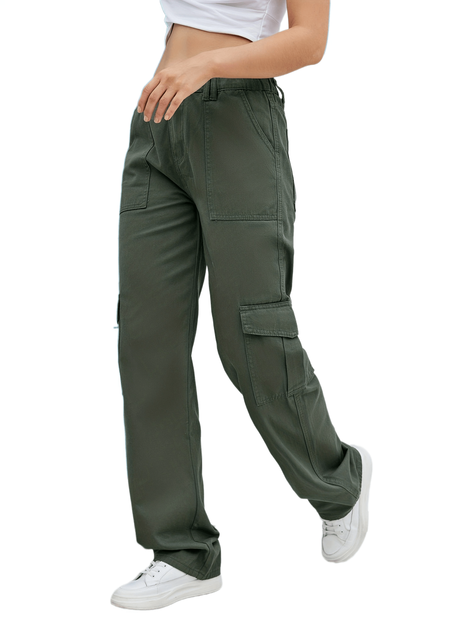 High Waist Cargo Pants Loose Fit Pockets Non Stretch Straight Jeans