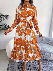 Women's Plus Leaf Print Long Sleeve Collar Shirt Dress
