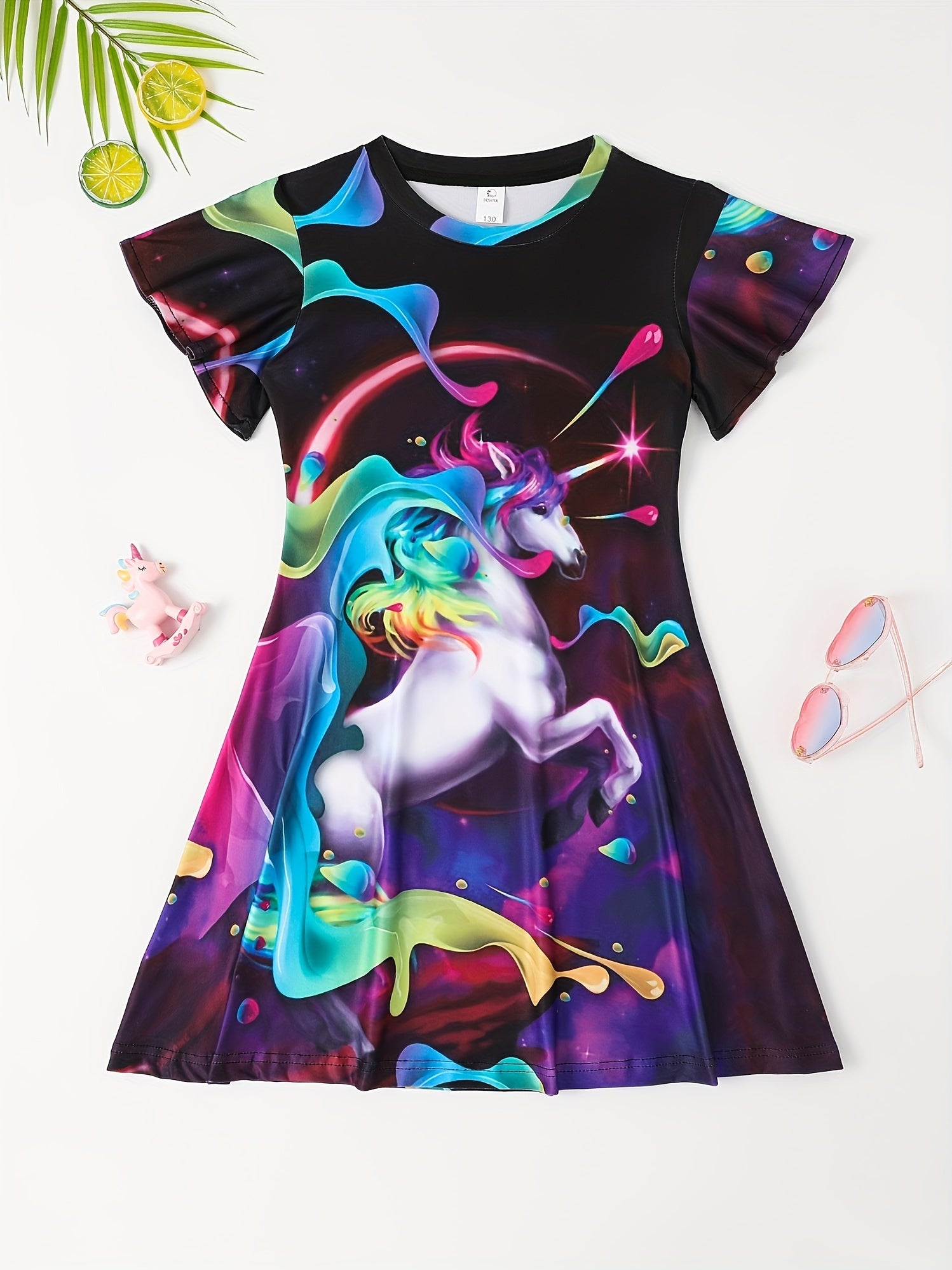 Girls Unicorn Print Flutter Sleeve Dress For Party Summer Kids Clothes