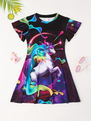 Girls Unicorn Print Flutter Sleeve Dress For Party Summer Kids Clothes