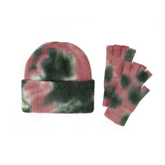 Wool Tie Dye Half Finger Gloves Hats Warm Gradient Ear Protection