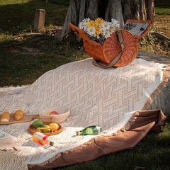 Retro Style Picnic Mat w/ Tassels, Foldable & Portable Lawn Mat