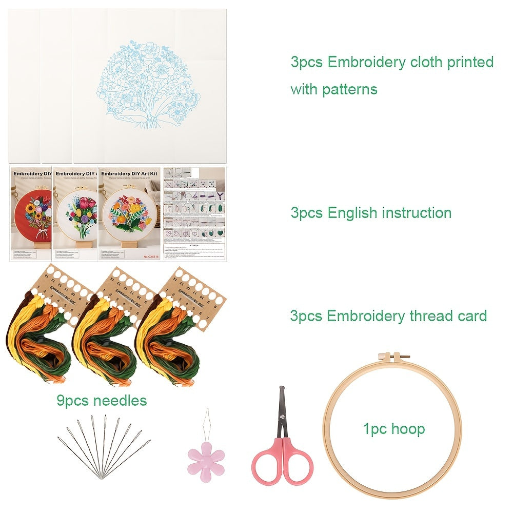 3pcs Embroidery Kit Flower Bouquet Pattern with Hoop 7 9 Inch DIY Gift