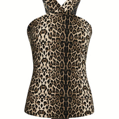 Leopard Print Halter Top Sexy Back Tie Halter Top For Summer
