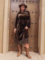 Velvet Lace Sleeve Round Neck Dress With Belt
