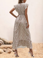 Ditsy Floral Print Dress Ruffle Trim V Neck Maxi Dress