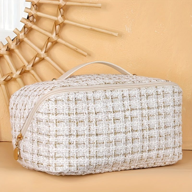 Plaid Pattern Cosmetic Travel Bag Large Capacity Toiletry Skincare Cosmetics