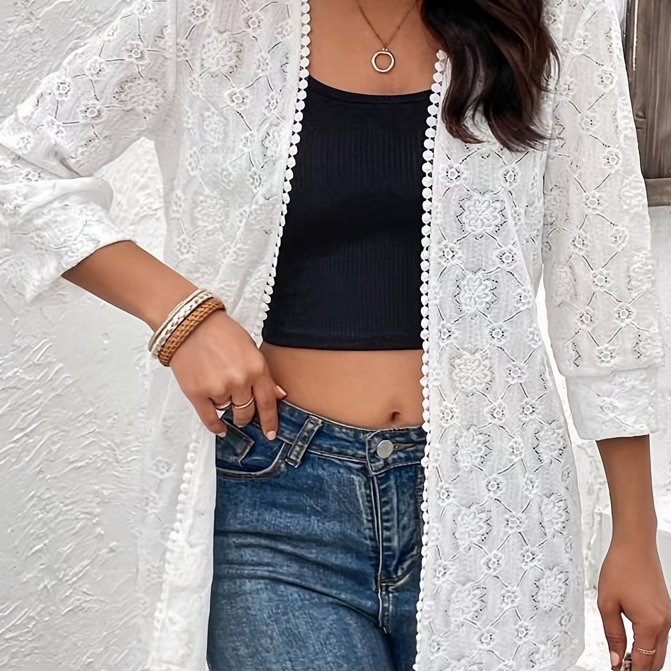 Lace Half Sleeve Open Front Cardigan