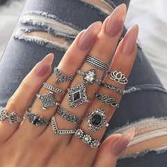 Retro Alloy Lotus Flower Hollow Finger Rings Set for Girls