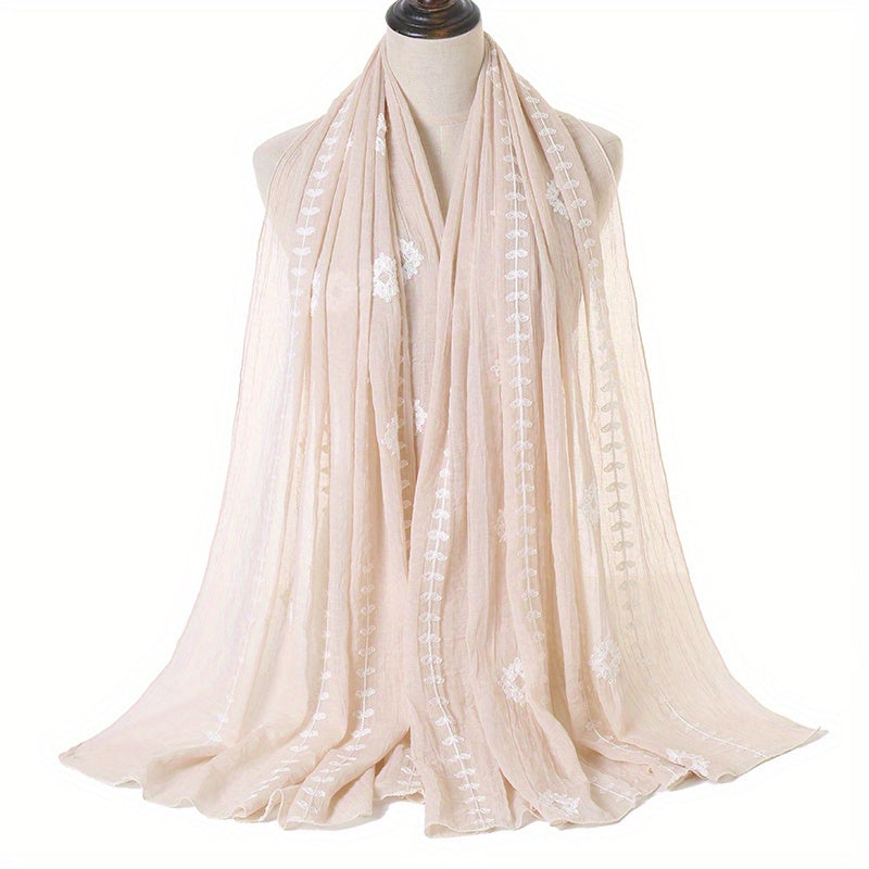 Floral Embroidery Plain Scarf Solid Casual Shawl Hijab Windproof Head Wrap Turba