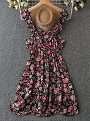Floral Print Ruffle Trim V Neck Knee Length Dress