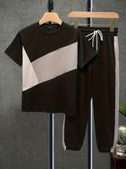 Boys Casual Block Short Sleeve T shirt & Pants Set