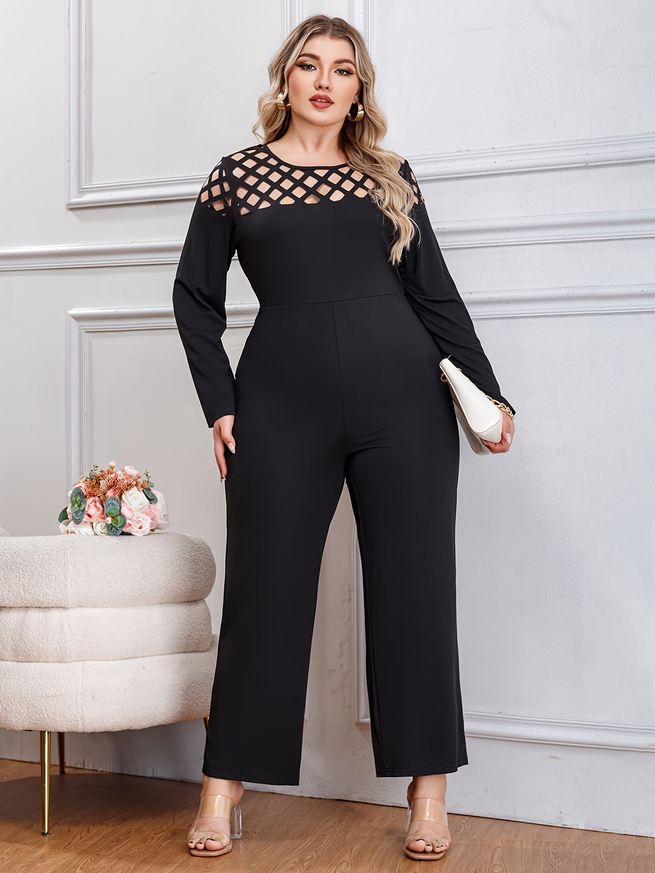 Solid Cut Out Long Sleeve Wide Leg Jumpsuit