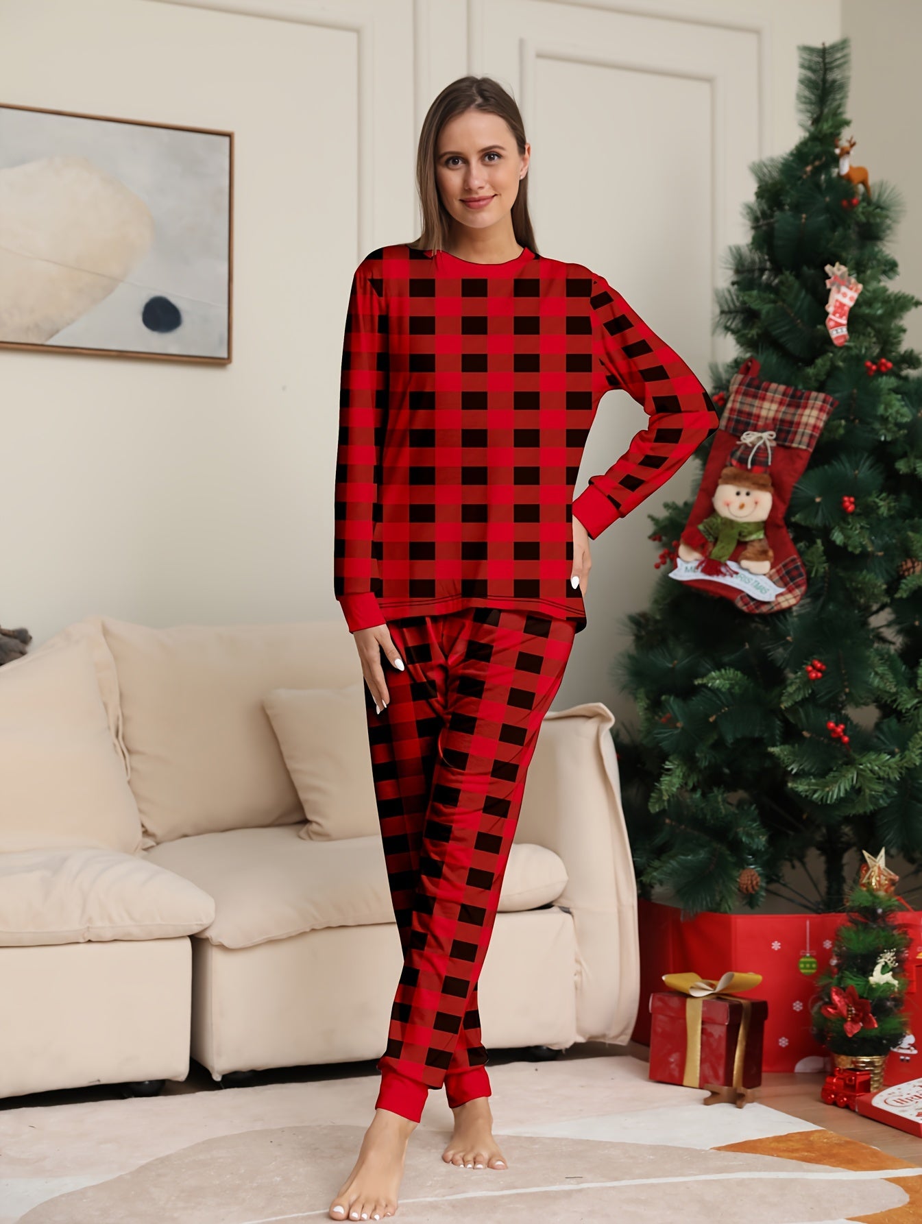Plaid Print Christmas Pajama Set Long Sleeve Top & Pants Women's Sleepwear