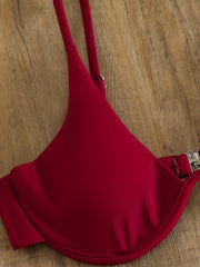 Burgundy Leaf Print Bikini Set V Neck Backless High Cut Two Piece Swimsuit