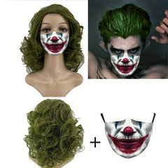 2pcs Green Curly Clown Wig & Mask Set Halloween Costume Props