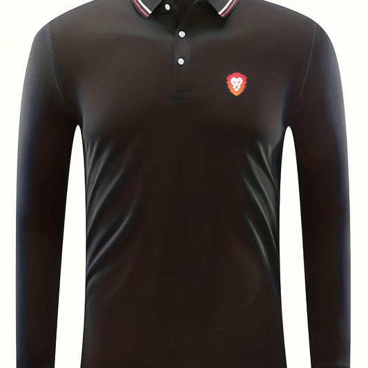 Lion Print Men's Casual Button Up Long Sleeve Polo Shirt