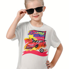 3D Sports Car & DREAMS COME Graphic Short Sleeve T shirt Pullover