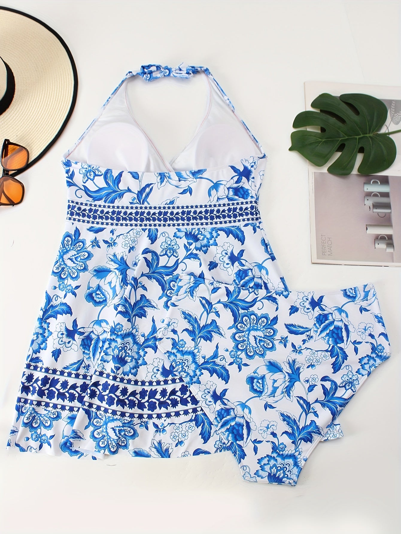 Boho Swimsuit Set Floral Print V Neck Halter Dress & Bott