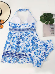 Boho Swimsuit Set Floral Print V Neck Halter Dress & Bott