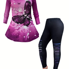 Butterfly Print Long Sleeve Tee & Leggings Set