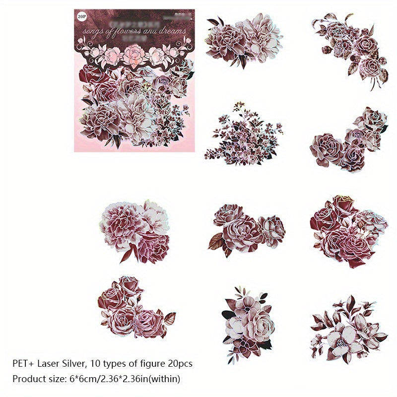 20PCS Flower & Dream Song Dark Flower Laser Silver PET Stickers