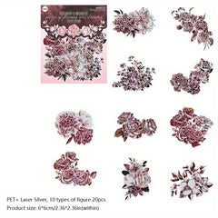 20PCS Flower & Dream Song Dark Flower Laser Silver PET Stickers