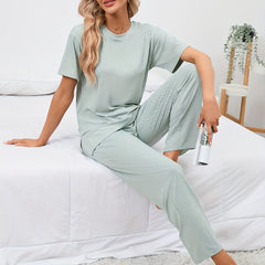 Ribbed Pajamas Set Crew Neck Split Top & Pants Women's Sleepwear