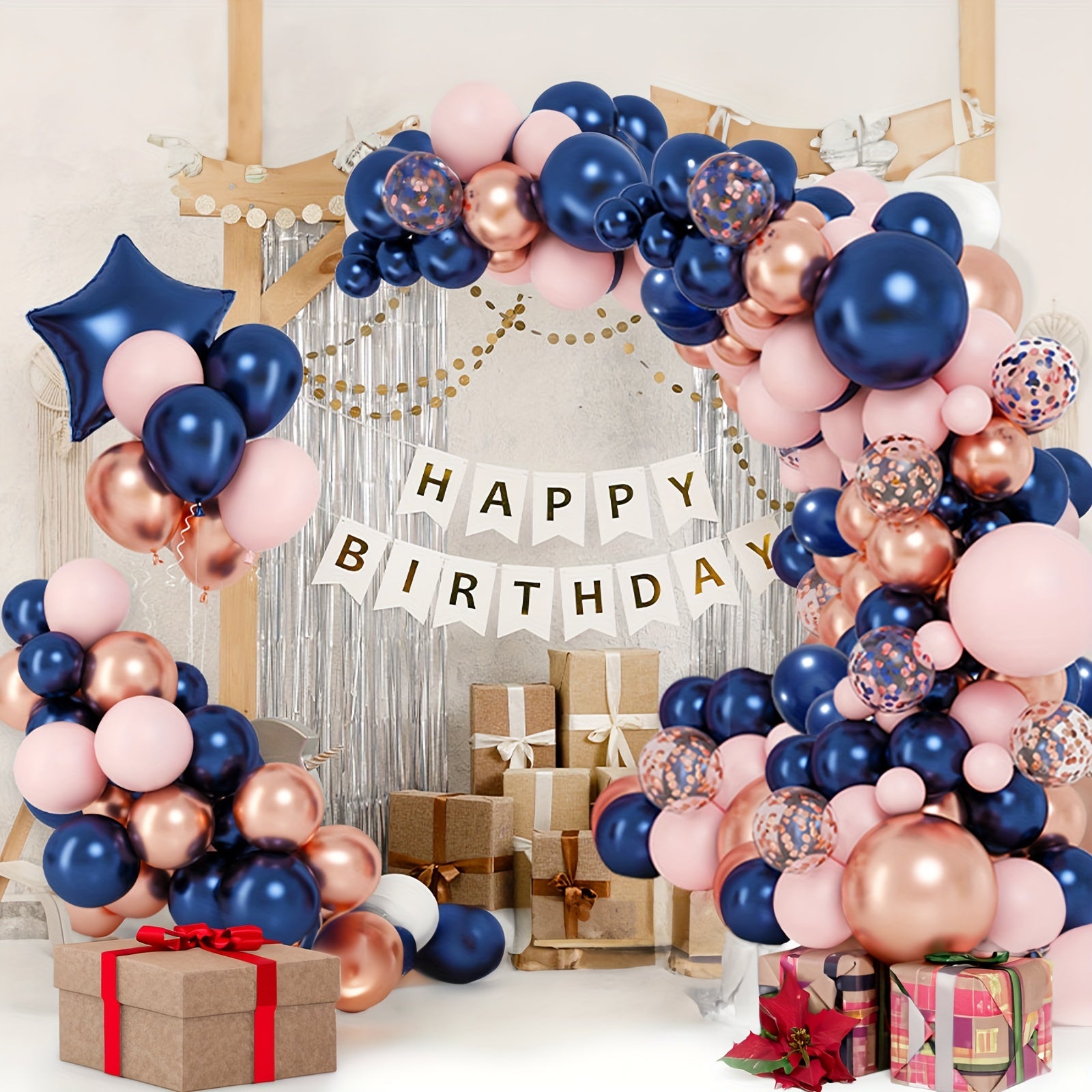 Gender Reveal Balloon Arch Kit Navy Rose Pink Confetti Latex Balloons Foil Star