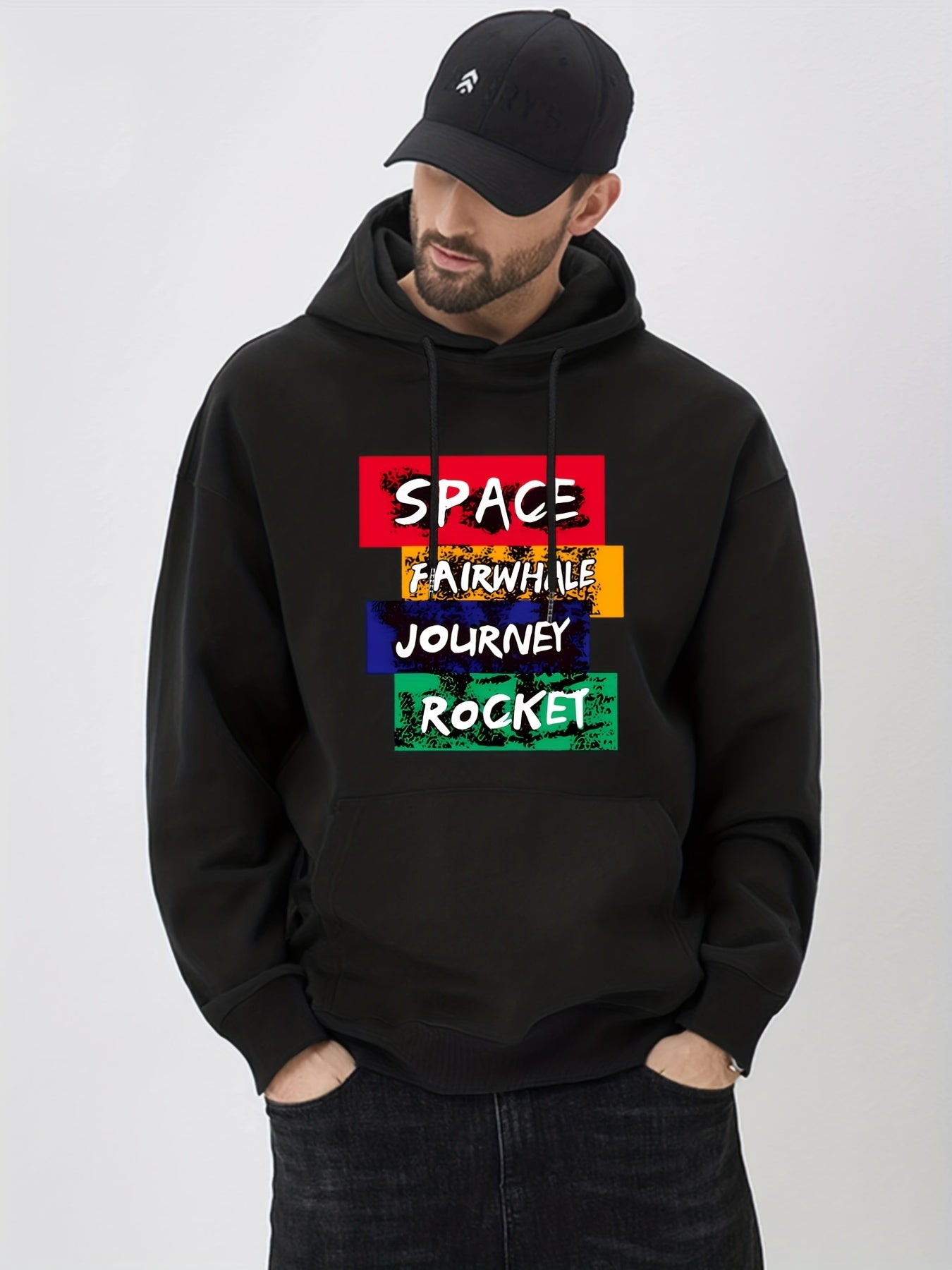 Space Rocket Letter Print Hoodie Men's Casual Graphic Pullover Hooded Sweatshirt
