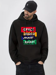 Space Rocket Letter Print Hoodie Men's Casual Graphic Pullover Hooded Sweatshirt