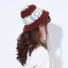 Vintage Flower Crochet Bucket Hat Block Knitted Cloche Hat