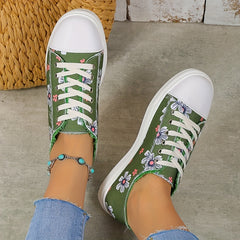 Floral Print Canvas Lace Up Low Top Sneakers Women's Casual Flat Shoes
