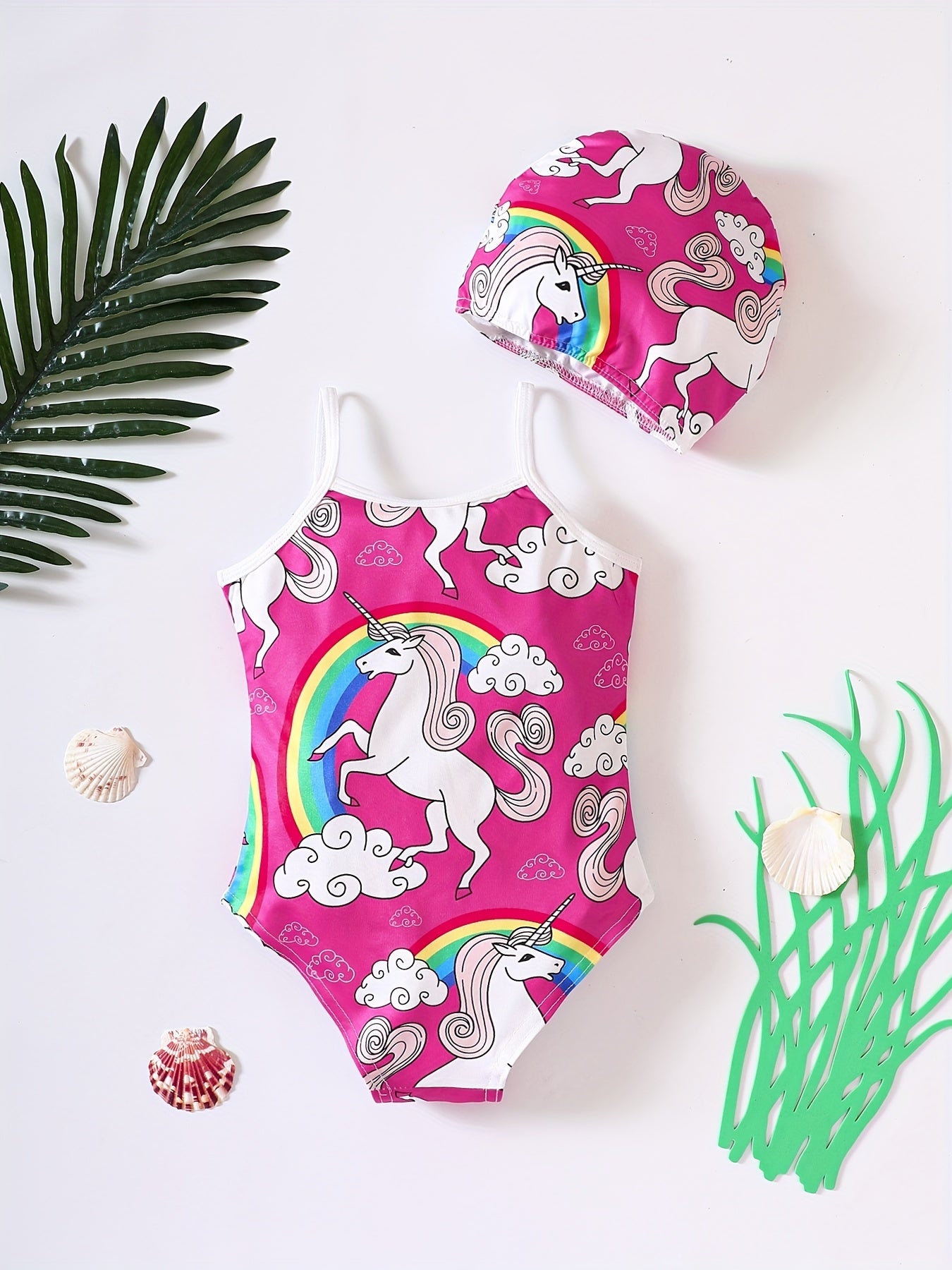 Girl's Unicorn Print Onesie Swimsuit & Cap