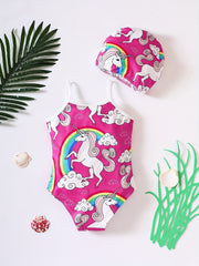 Girl's Unicorn Print Onesie Swimsuit & Cap