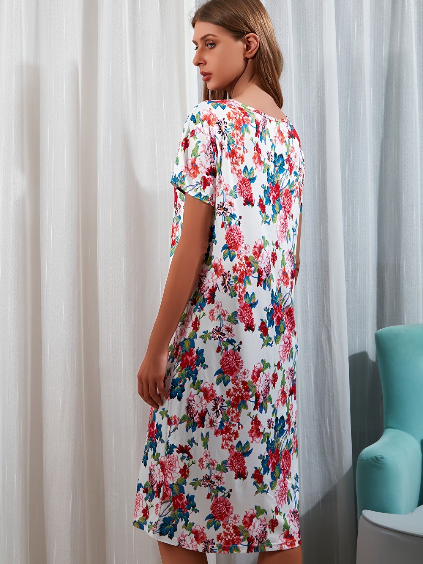 Floral Print Lounge Dress Crew Neck Short Sleeve Women's Loungewear & Dresses
