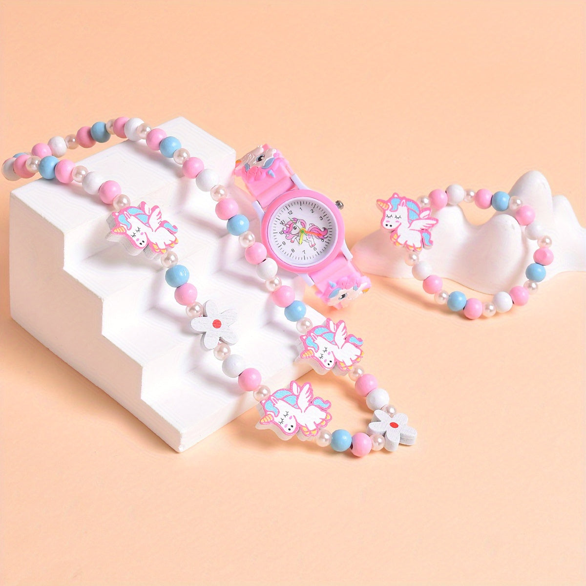 3pcs 3D Cartoon Horse Silicone Strap Girls' Watch Creative Quartz Wristwatch